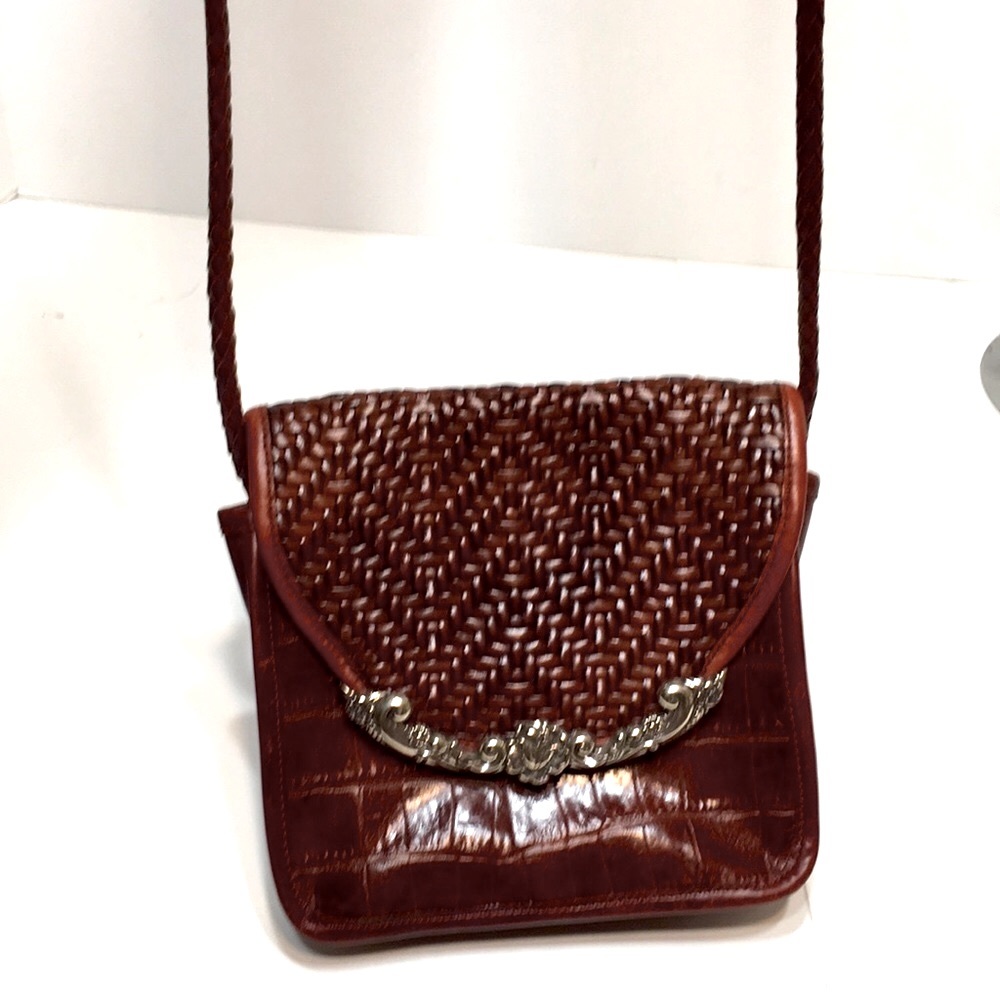 Brighton weave mini crossbody with metal rose floral design with wear